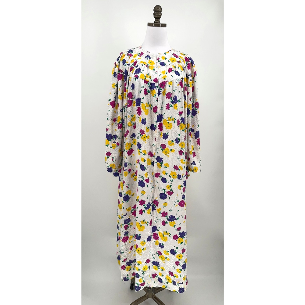 David Brown Vintage White Floral V Neck Long Sleeve Maxi Zip Loungewear Sz M
